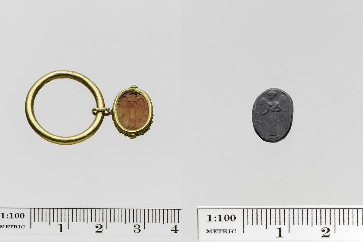 Carnelian scaraboid seal, Carnelian, gold, Greek