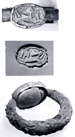 Silver ring with scarab, Silver, gold, glazed steatite, Egyptian or Levantine