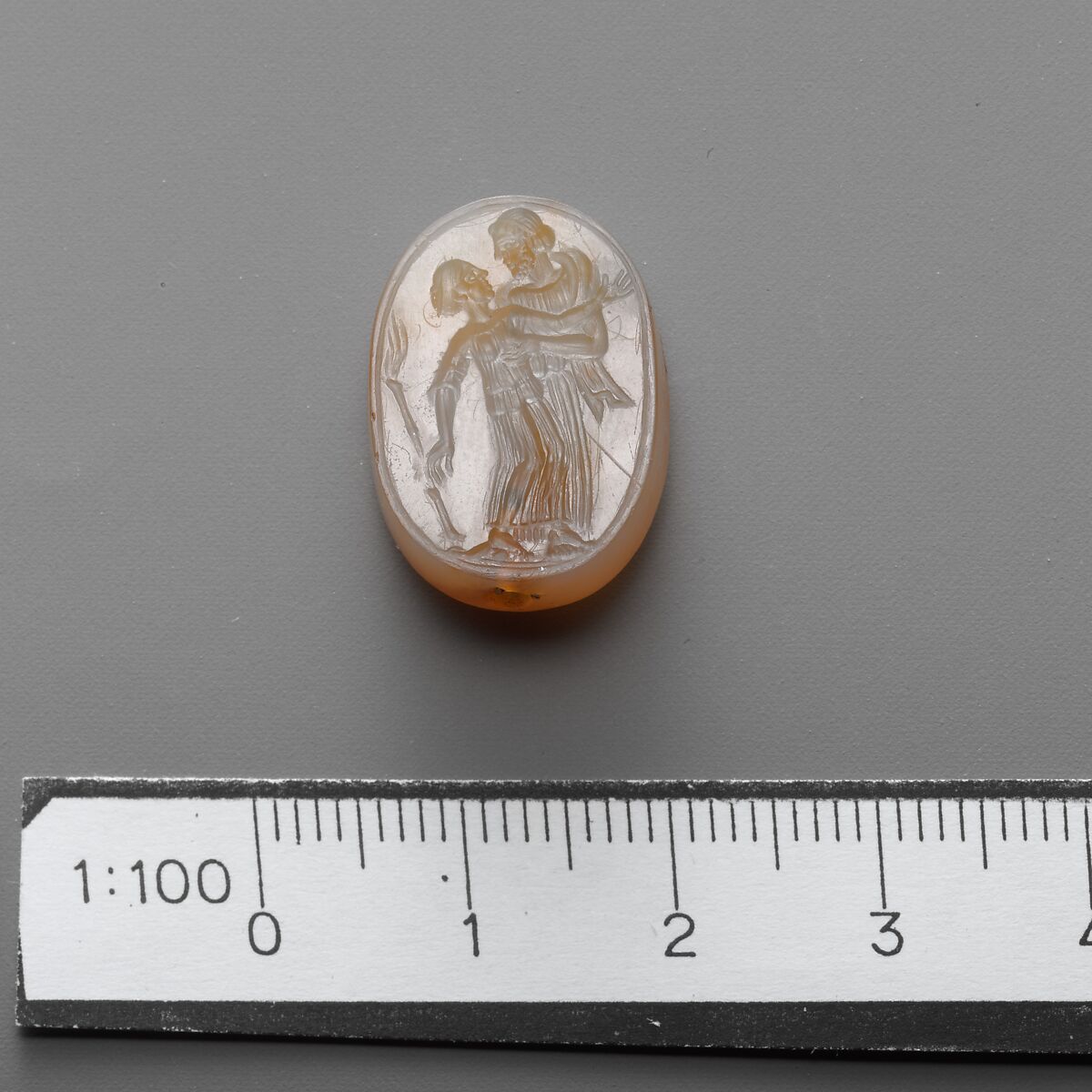 Chalcedony scaraboid in silver ring, Chalcedony, silver, Greek 