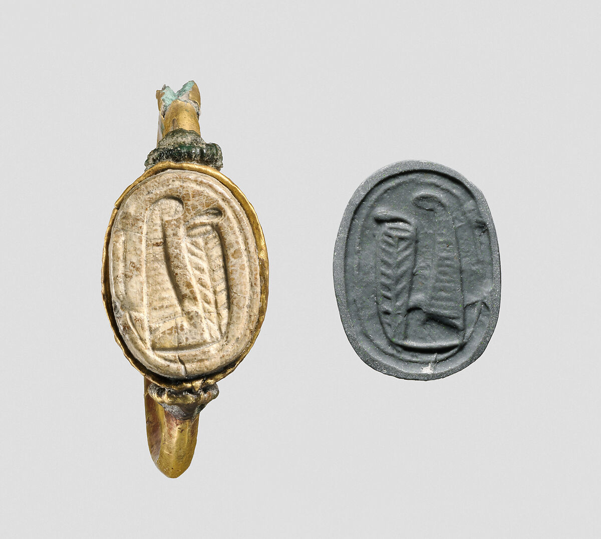 Gold ring with scarab, Gold, copper alloy, silver, faience, Cypriot 