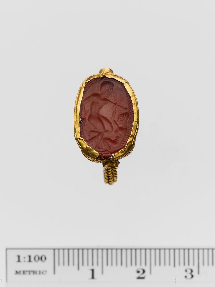 Carnelian seal set in a gold ring, Carnelian, gold, Greek 