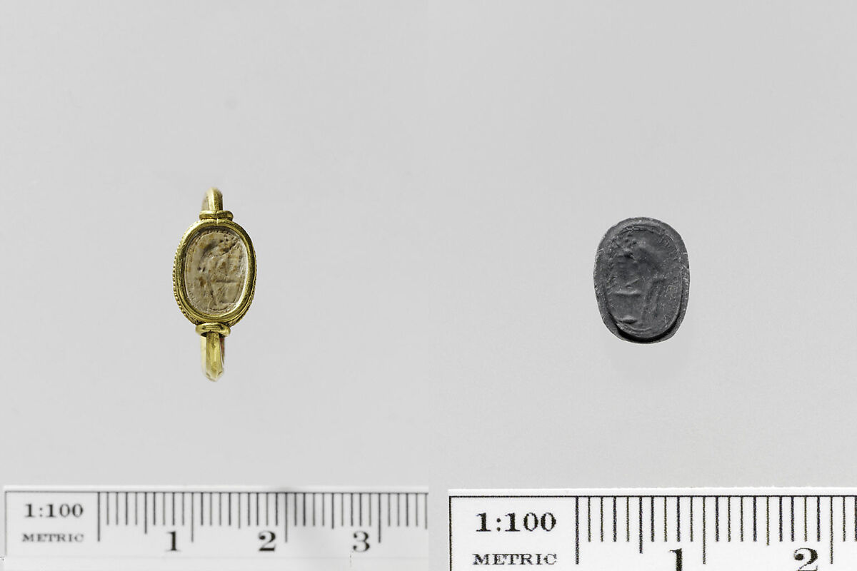 Steatite scaraboid seal set in a gold swivel ring, Steatite, gold, Greek