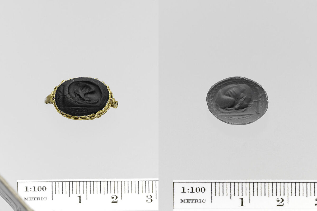 Obsidian seal set in a gold ring, Jasper, gold, bronze, Greek