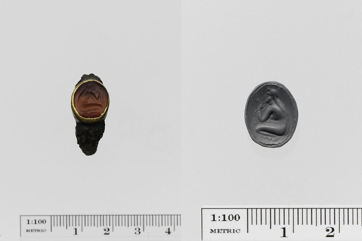 Carnelian ring stone with gold band set in a silver ring, Carnelian, gold, silver, Greek