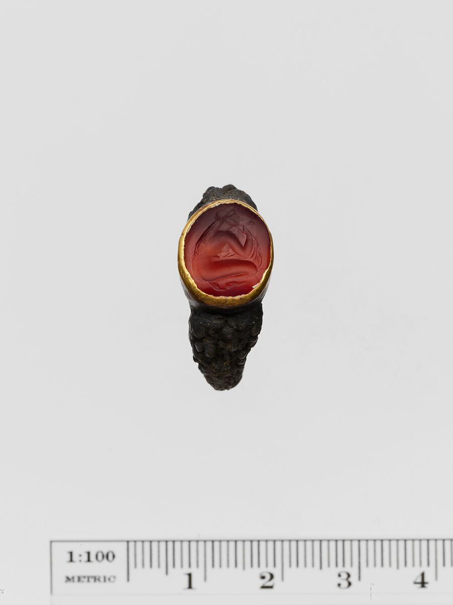 Carnelian ring stone with gold band set in a silver ring, Carnelian, gold, silver, Greek 