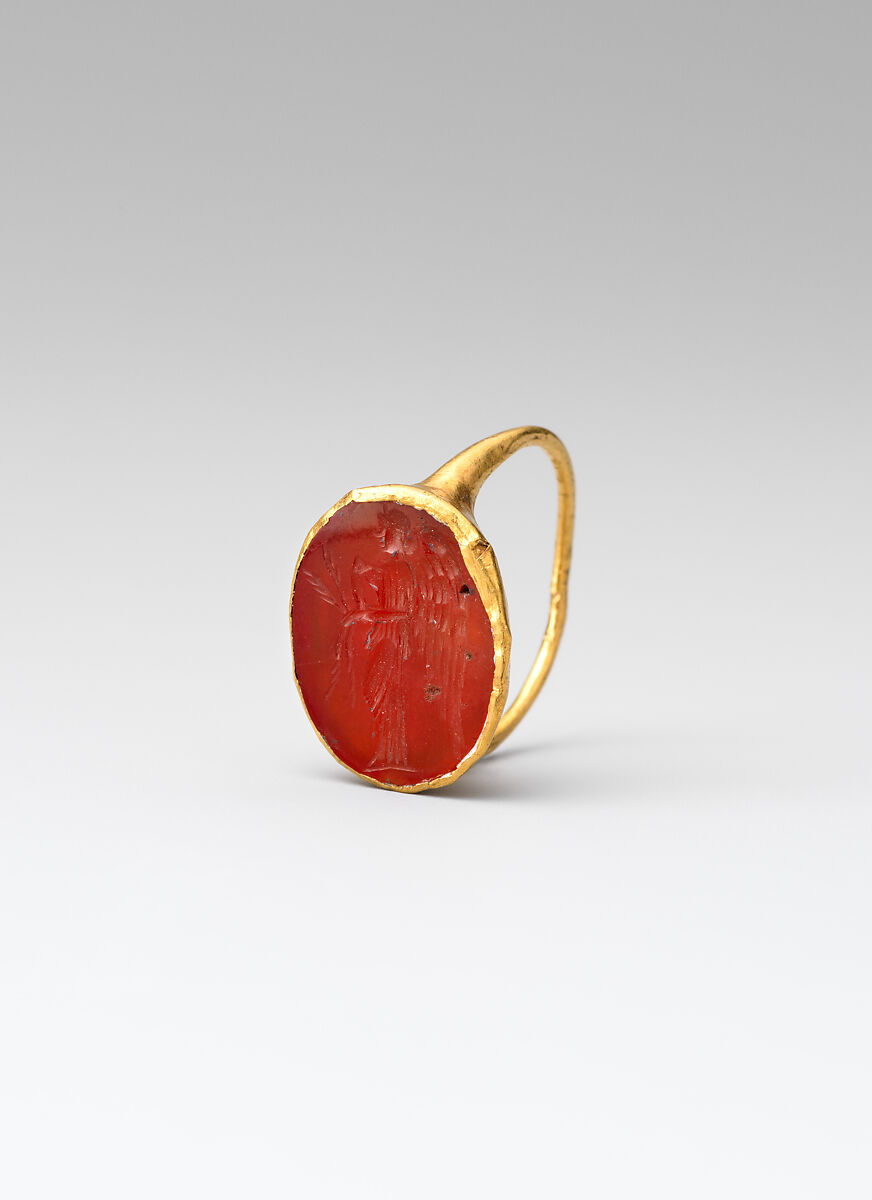 Gold ring with carnelian intaglio: winged Nemesis, Carnelian, gold, Roman, Cypriot 