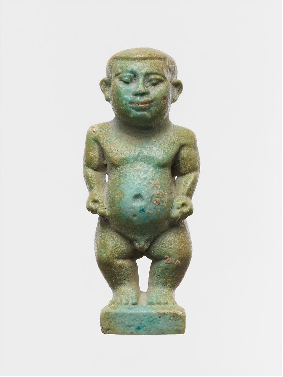 Faience amulet in the form of the dwarf god Pataikos, Clay, glazed, Egyptian, Ptolemaic 