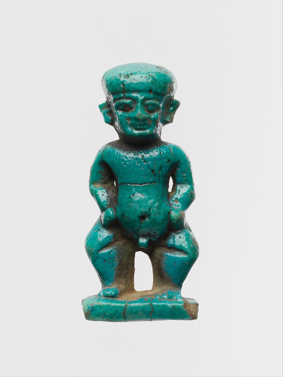 Faience amulet in the form of the dwarf god Pataikos, Clay, glazed, Egyptian 