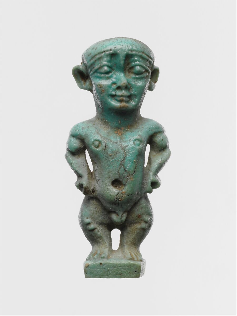 Faience amulet in the form of the dwarf god Pataikos, Clay, glazed, Egyptian 