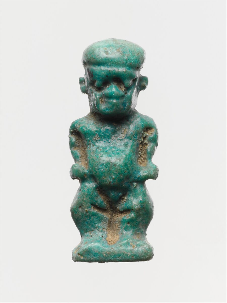 Faience amulet in the form of the dwarf god Pataikos, Clay, glazed, Egyptian 