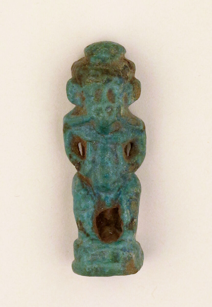 Faience amulet in the form of the dwarf god Pataikos, Faience, Egyptian 