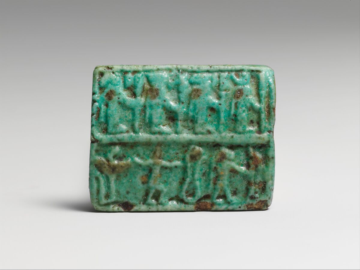 Faience amulet plaque with a group of deities, Clay, glazed, Egyptian, Ptolemaic 