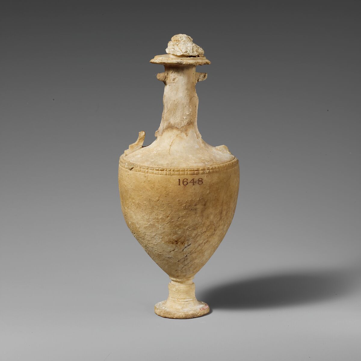 Alabaster or loutrophoros (jar for storage or water), Veined alabaster, Cypriot 