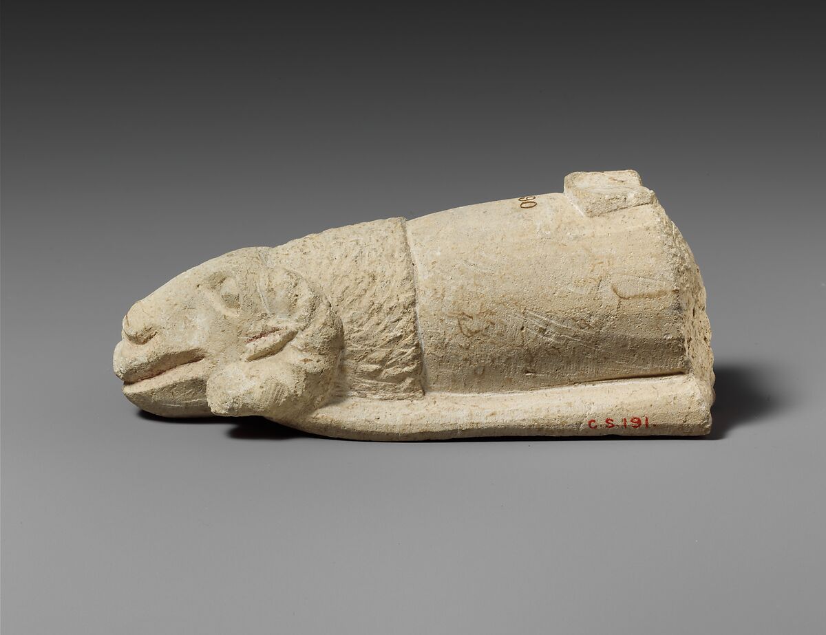 Limestone handle of a patera or a fire shovel ending in a ram’s head, Limestone, Cypriot 