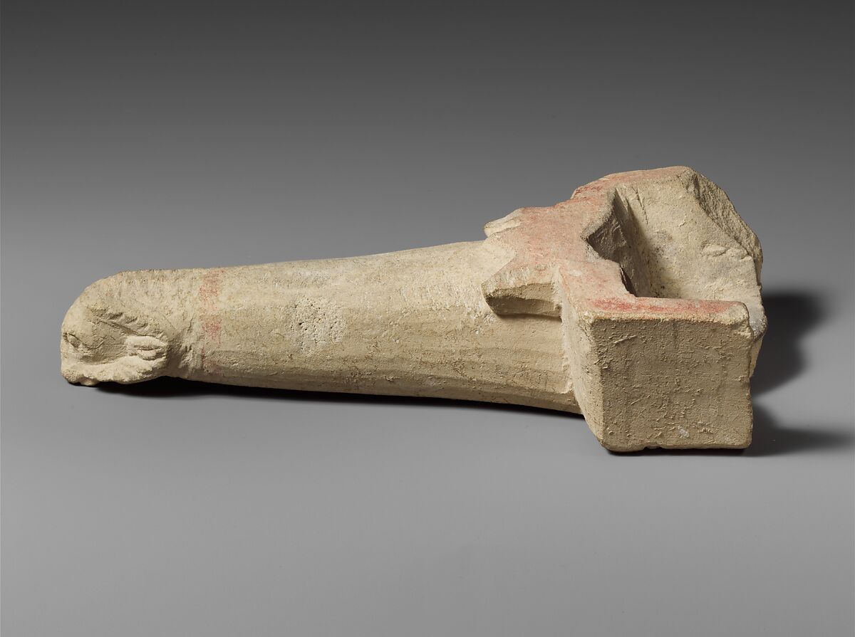 Limestone handle of a patera or a fire shovel ending in a ram’s head, Limestone, Cypriot 