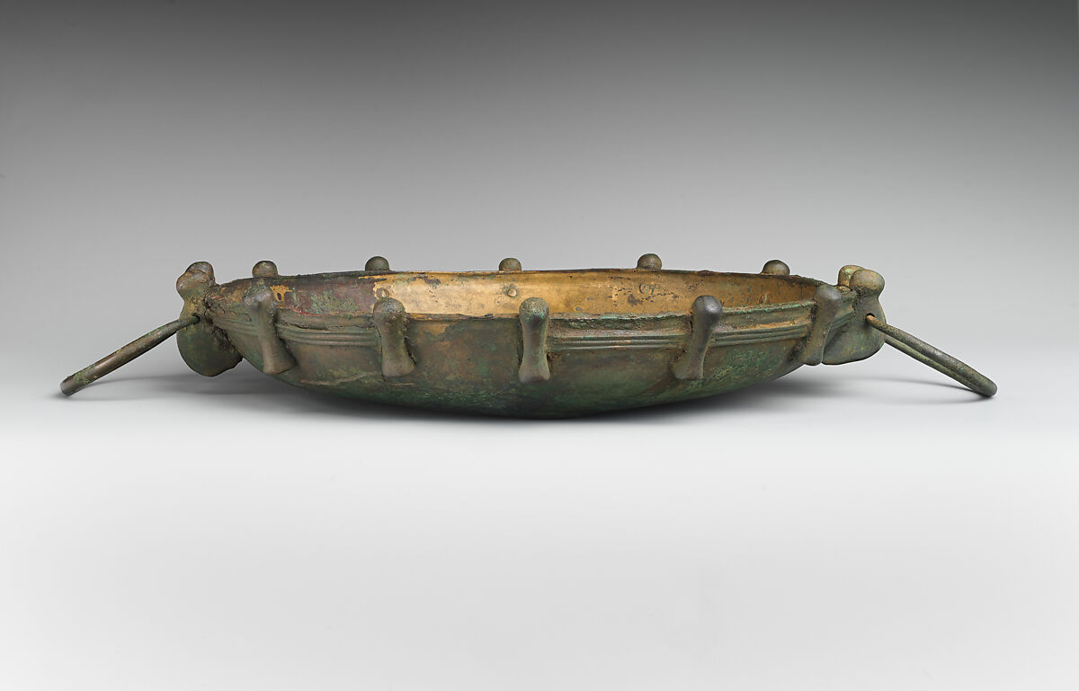 Shallow bronze bowl with swinging handles, Bronze, Phrygian