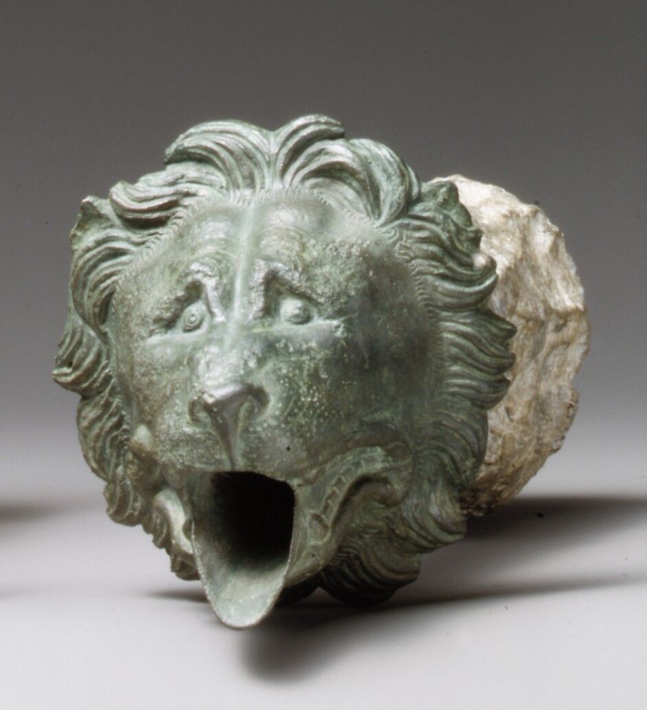Bronze water spout with lion mask (one of a pair), Bronze, Greek or Roman 