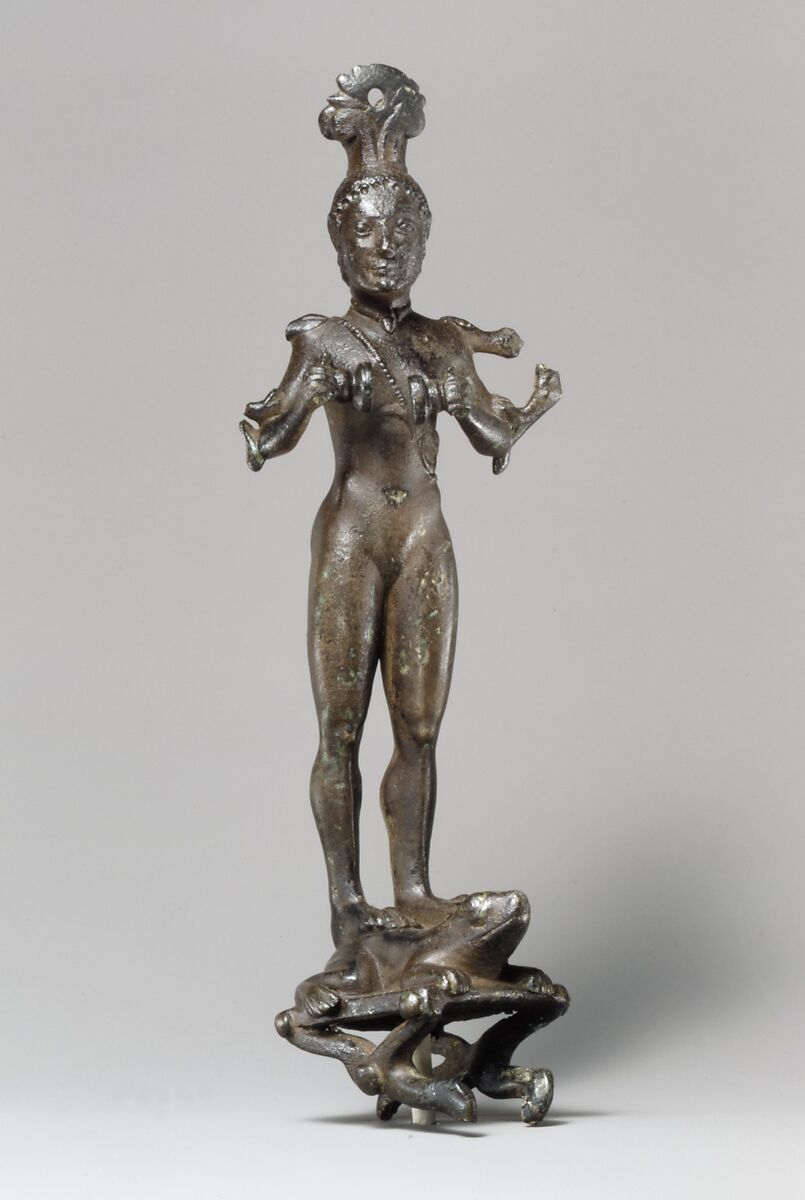 Bronze mirror support in the form of a nude girl, Bronze, Greek, Laconian