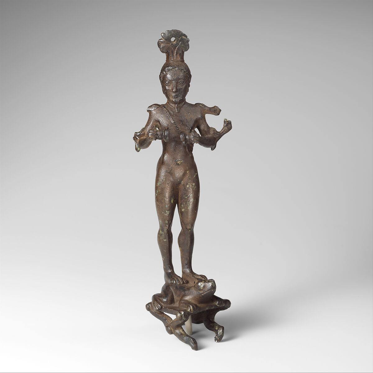 Bronze mirror support in the form of a nude girl, Bronze, Greek, Laconian 