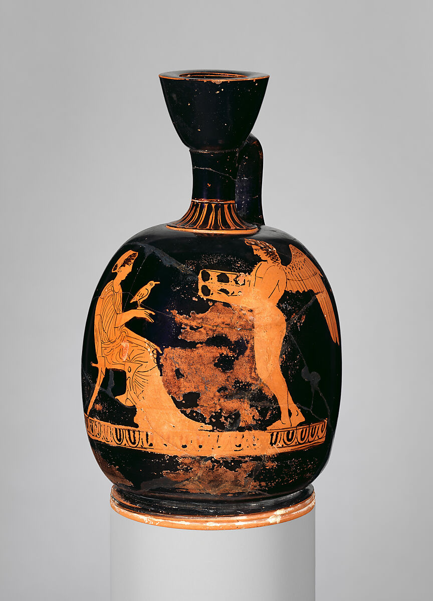 Terracotta squat lekythos (oil flask), Attributed to the Washing Painter, Terracotta, Greek, Attic 