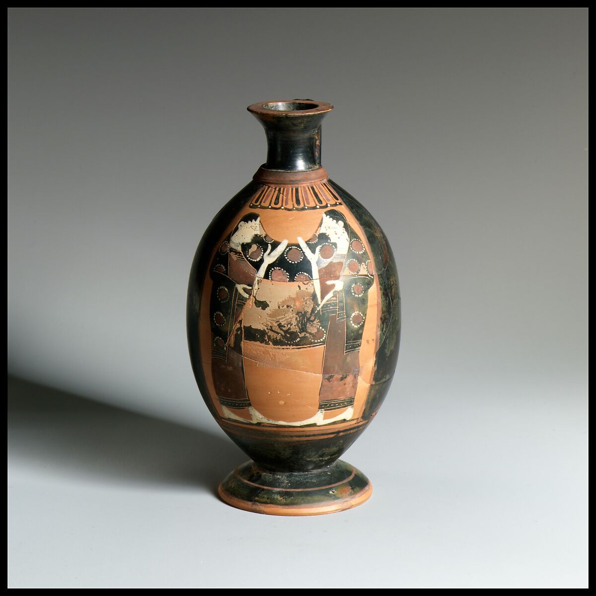 Terracotta lekythos (oil flask), Attributed to the Pharos Painter, Terracotta, Greek, Attic 