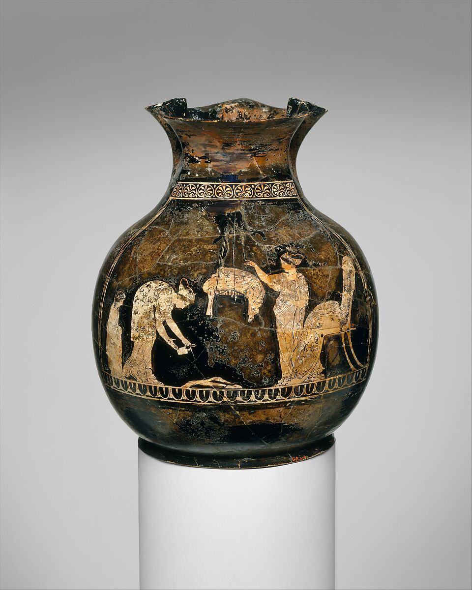 Terracotta oinochoe: chous (jug), Attributed to the Meidias Painter, Terracotta, Greek, Attic 