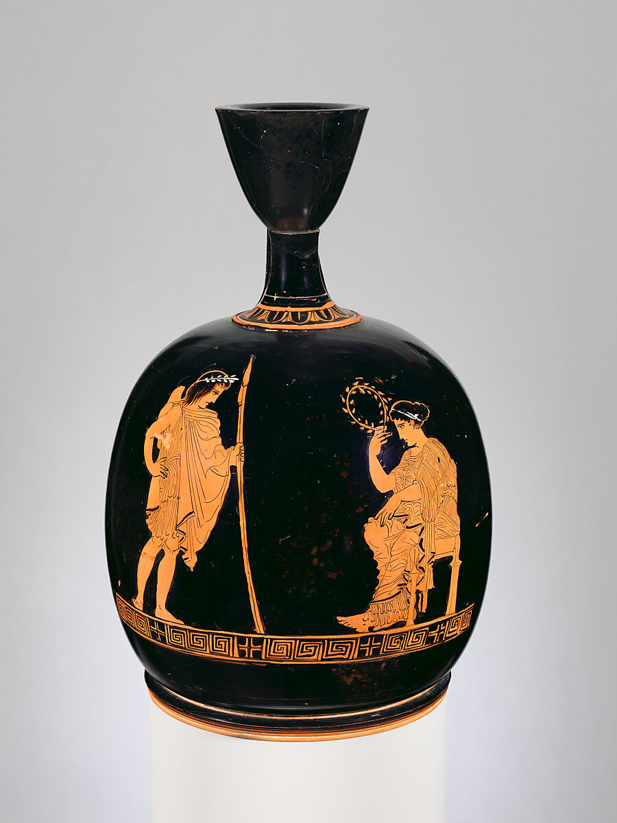 Terracotta squat lekythos (oil flask), Attributed to the Washing Painter, Terracotta, Greek, Attic 