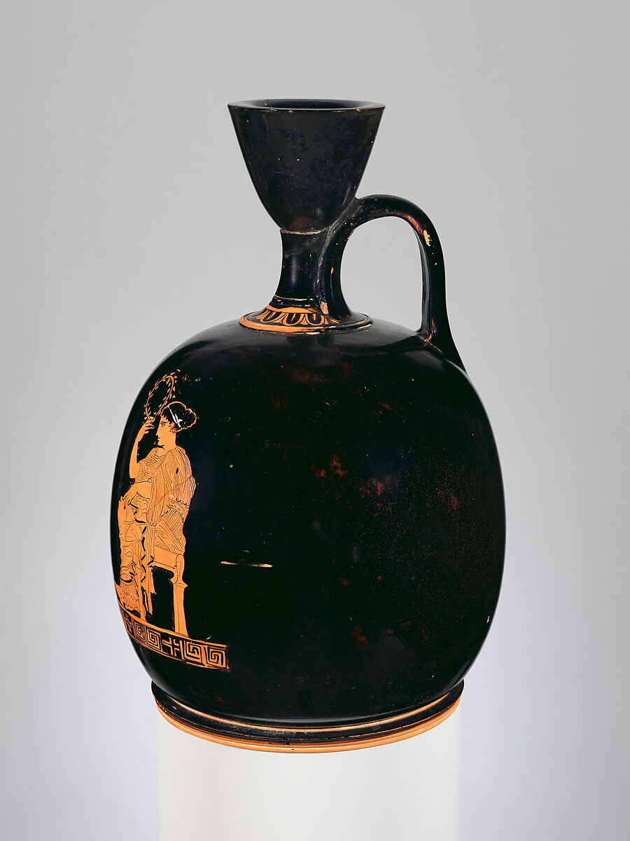 Terracotta squat lekythos (oil flask), Attributed to the Washing Painter, Terracotta, Greek, Attic