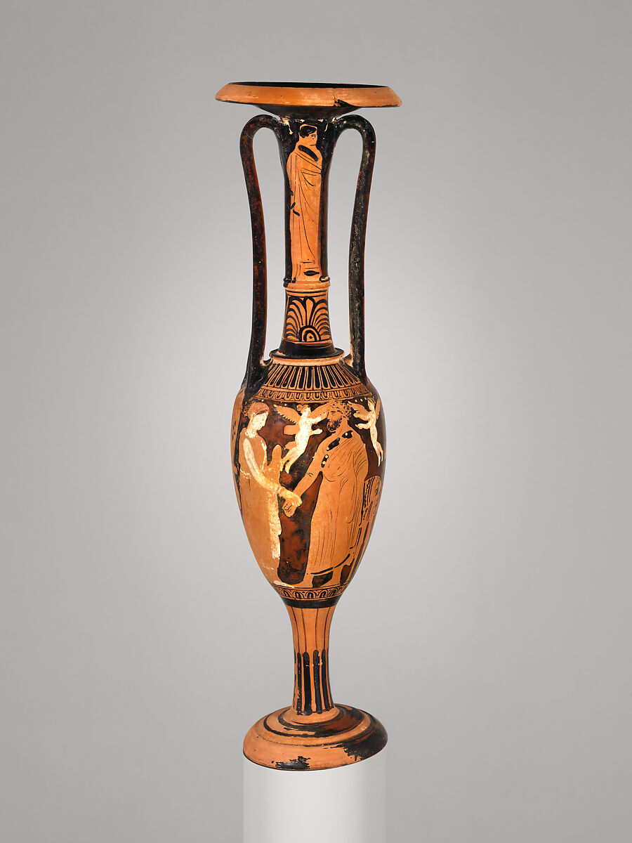 Terracotta loutrophoros (ceremonial vase for water), Terracotta, Greek, Attic 