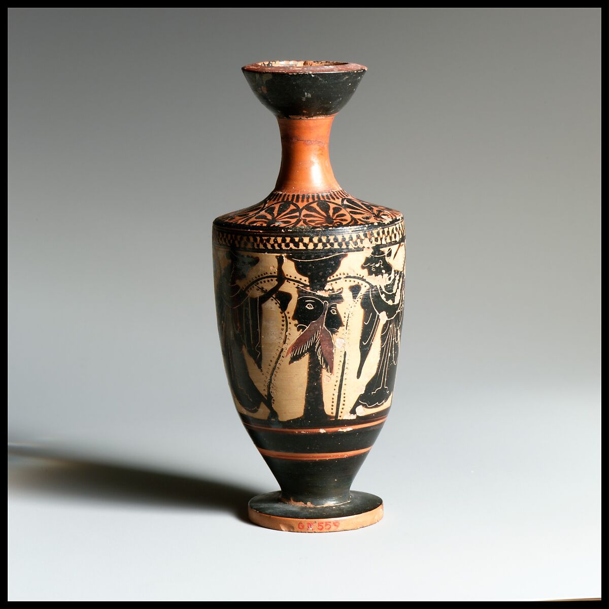 Terracotta lekythos (oil flask), Attributed to the Marathon Painter, Terracotta, Greek, Attic 