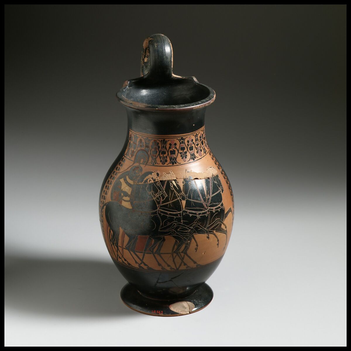 Terracotta oinochoe: olpe (jug), Terracotta, Greek, Attic 