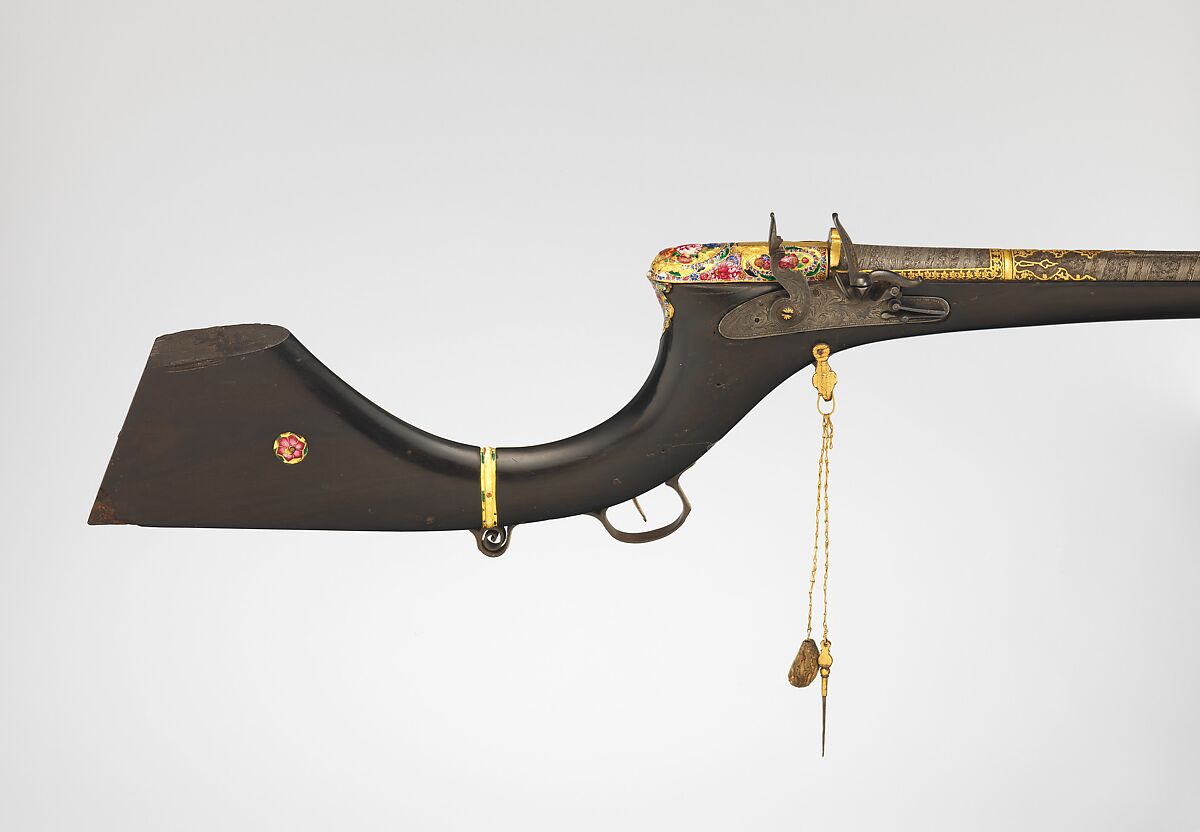 Flintlock Gun, Steel, ebony, gold, enamel, rubies, emeralds, textile, Indian, Sindh (now Pakistan); lock, British