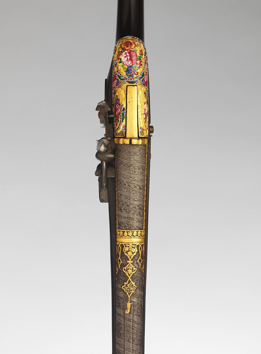 Flintlock Gun, Steel, ebony, gold, enamel, rubies, emeralds, textile, Indian, Sindh (now Pakistan); lock, British