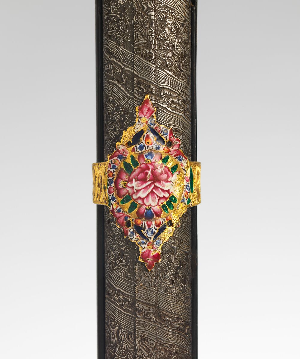 Flintlock Gun, Steel, ebony, gold, enamel, rubies, emeralds, textile, Indian, Sindh (now Pakistan); lock, British