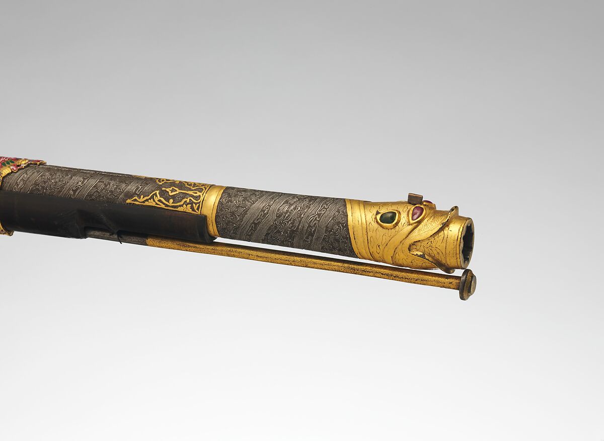 Flintlock Gun, Steel, ebony, gold, enamel, rubies, emeralds, textile, Indian, Sindh (now Pakistan); lock, British