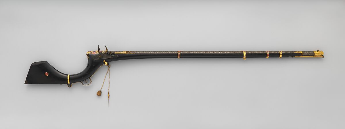 Flintlock Gun, Steel, ebony, gold, enamel, rubies, emeralds, textile, Indian, Sindh (now Pakistan); lock, British 