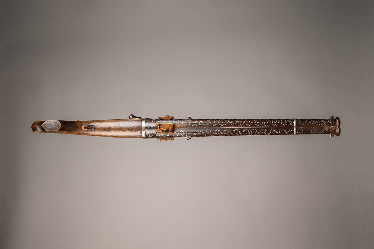 Three-Barreled Revolving Matchlock Gun, Steel, wood, silver, Japanese