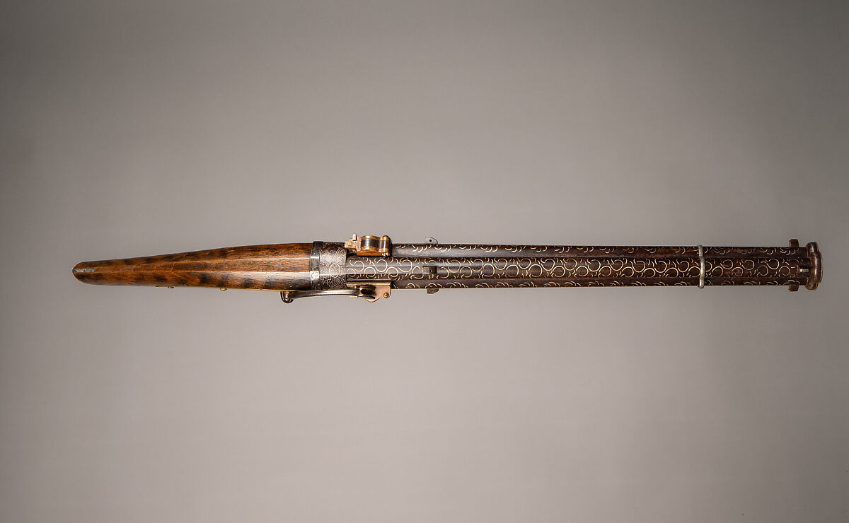 Three-Barreled Revolving Matchlock Gun, Steel, wood, silver, Japanese