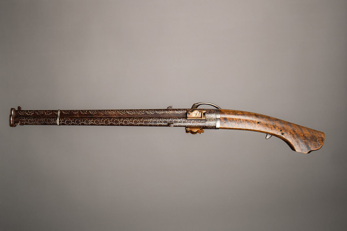 Three-Barreled Revolving Matchlock Gun, Steel, wood, silver, Japanese