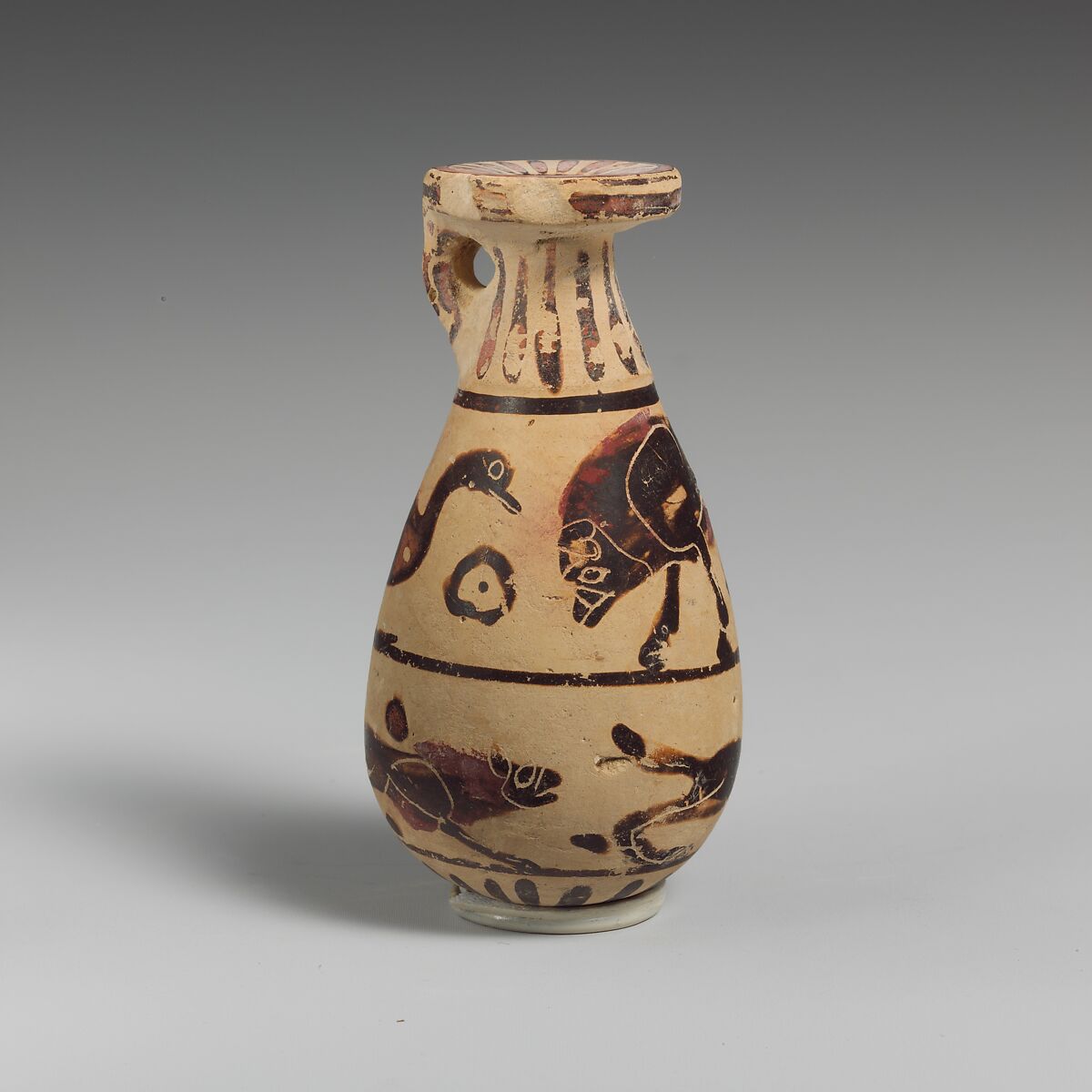 Terracotta alabastron (perfume vase), Attributed to the Kerameikos Group, Terracotta, Greek, Corinthian 