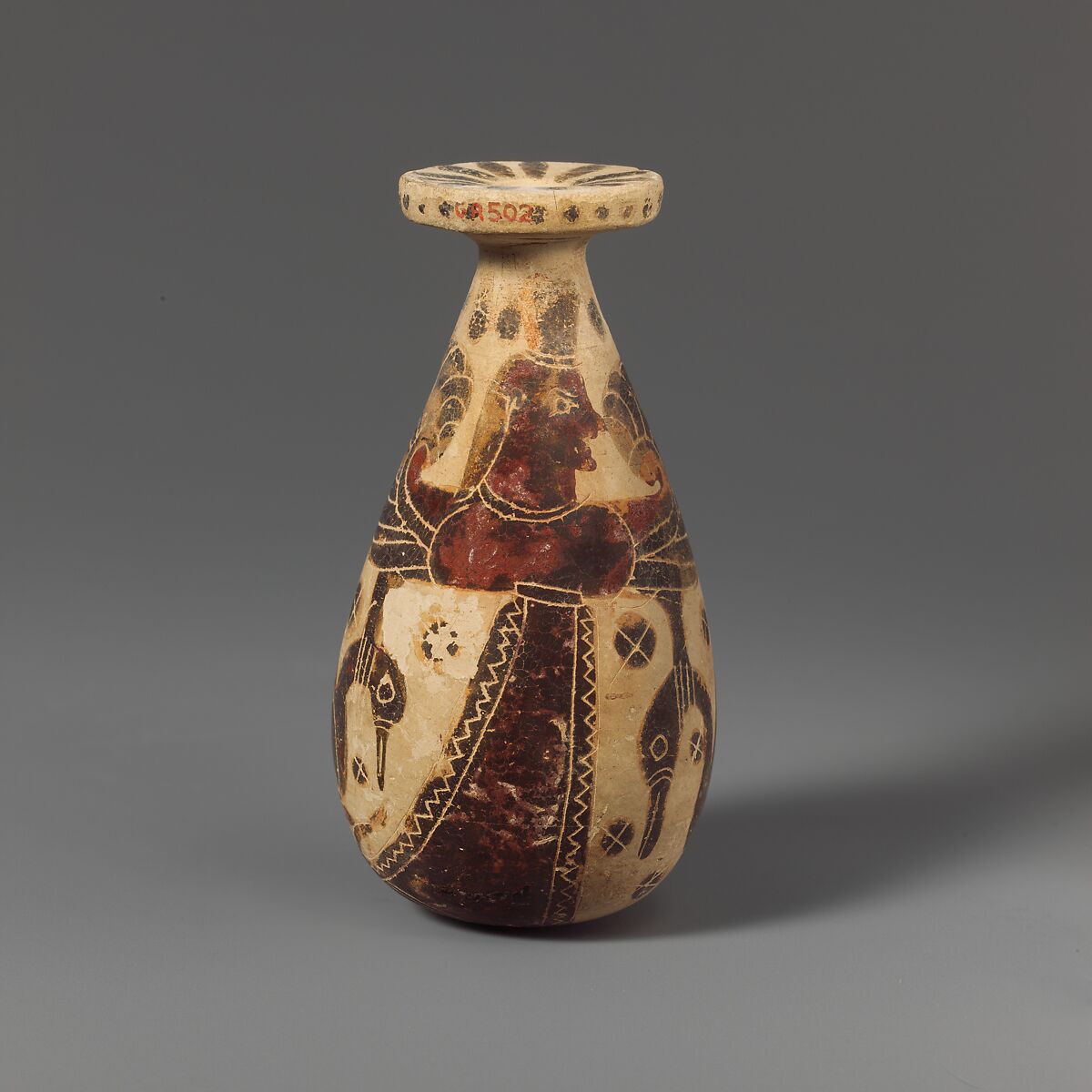 Terracotta alabastron (perfume vase), Attributed to the Potnia Painter, Terracotta, Greek, Corinthian 