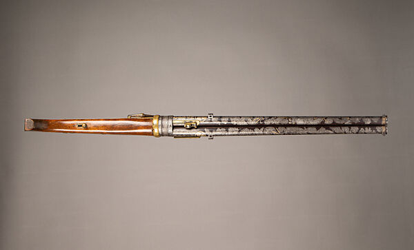Three-Barreled Revolving Matchlock Gun, Steel, wood, brass, silver, gold, Japanese