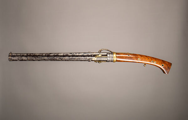 Three-Barreled Revolving Matchlock Gun, Steel, wood, brass, silver, gold, Japanese