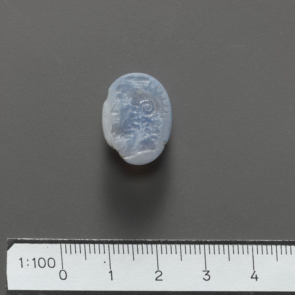 Chalcedony intaglio: Head of Jupiter Ammon, Chalcedony, Roman 