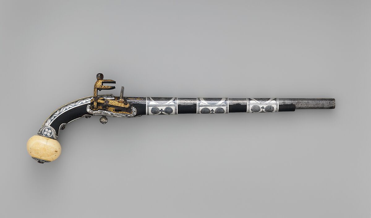 Miquelet Pistol, Steel, silver, niello, leather, ivory, gold, Caucasian, possibly Georgia or Circassia 