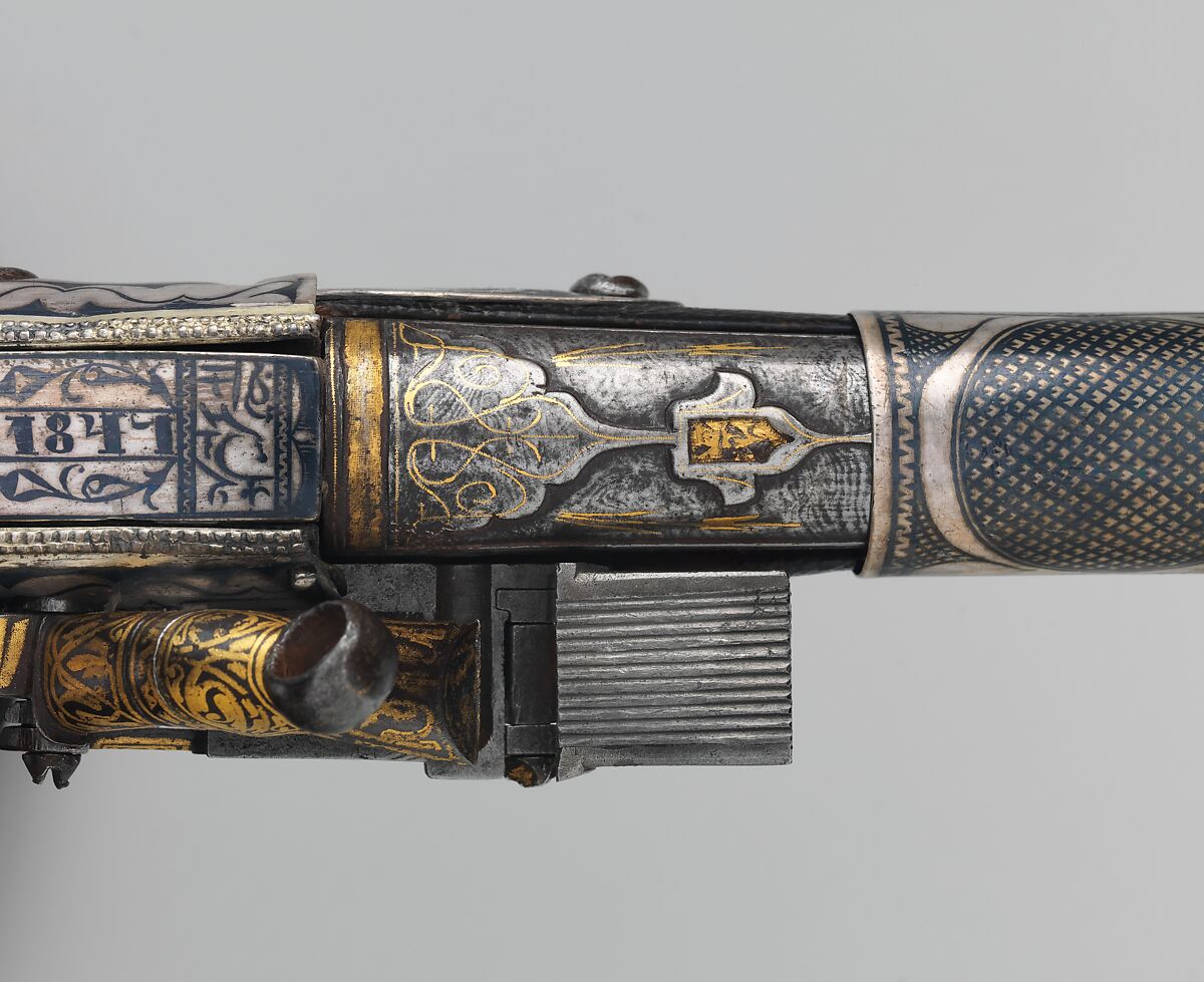 Miquelet Pistol, Steel, silver, niello, leather, ivory, gold, Caucasian, possibly Georgia or Circassia