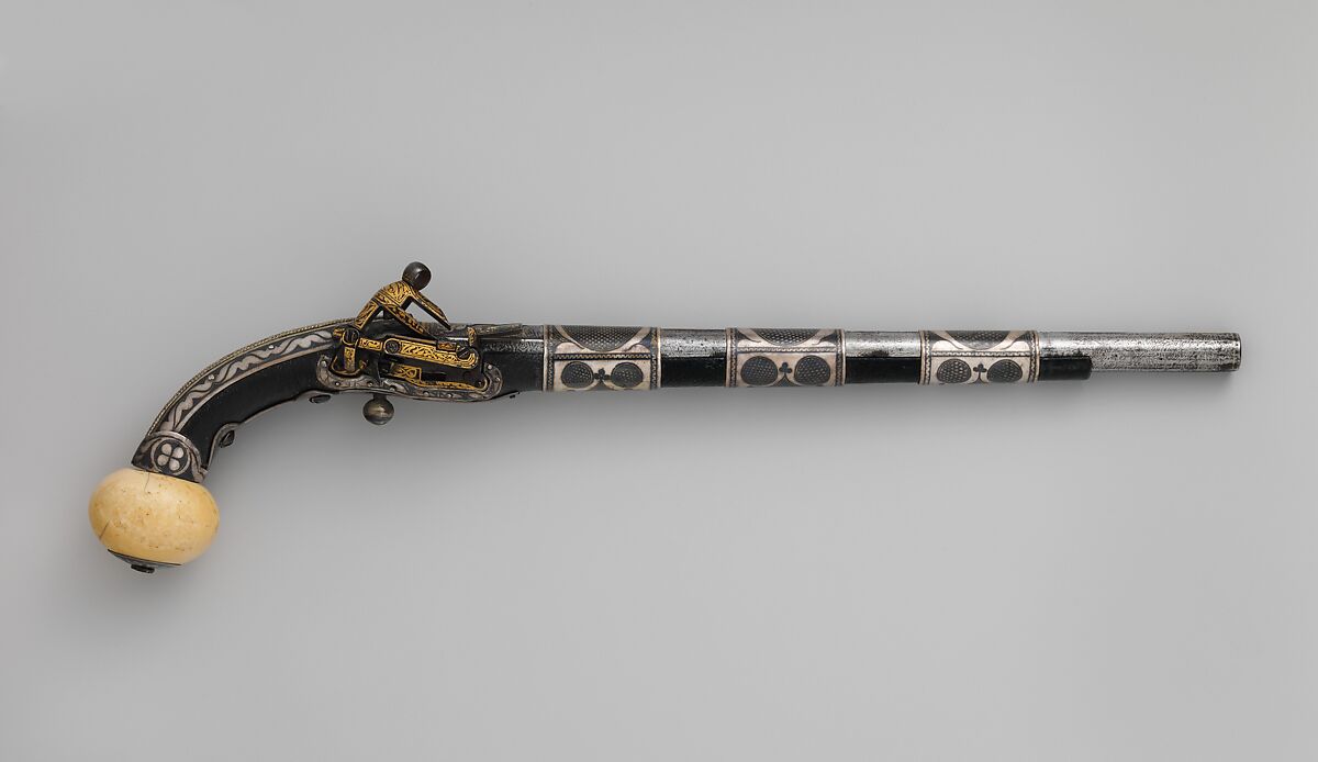 Miquelet Pistol, Steel, silver, niello, leather, ivory, gold, Caucasian, possibly Georgia or Circassia