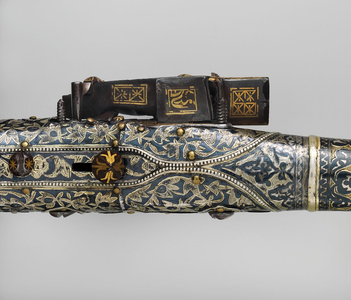 Miquelet Pistol, Steel, wood, silver, copper alloy (niello), Caucasian, Tbilisi, Georgia, or Dagestan