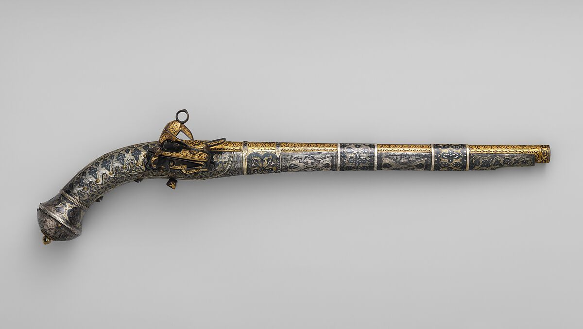 Miquelet Pistol, Steel, wood, silver, copper alloy (niello), Caucasian, Tbilisi, Georgia, or Dagestan 