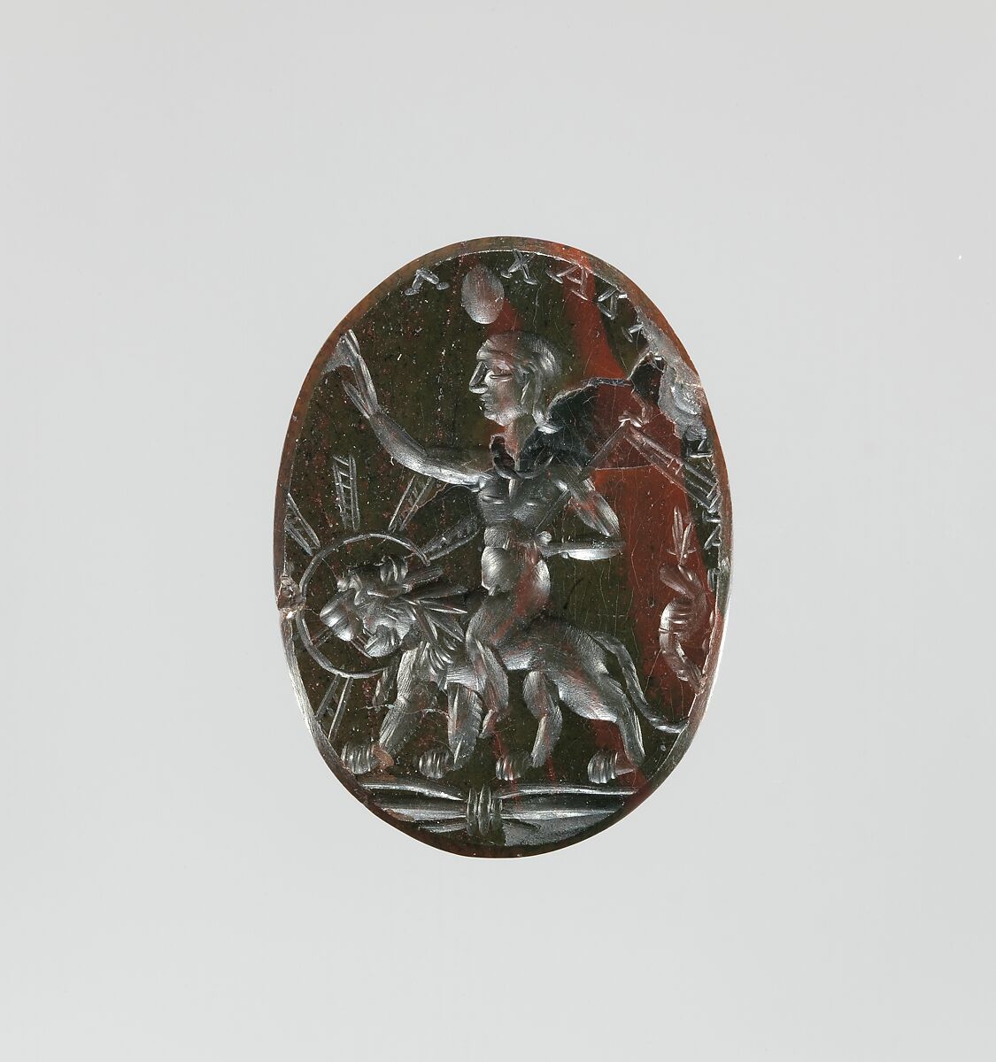 Jasper intaglio: Harpocrates riding a lion, Jasper, red and green, Roman 